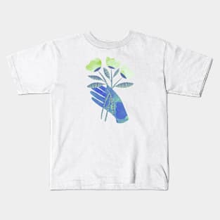 Blue hand with green flowers for you Kids T-Shirt